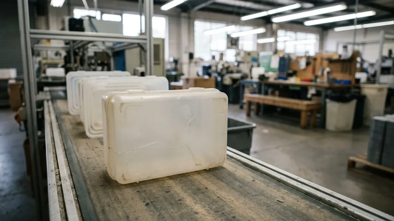 IP67 waterproof plastic protective case: four closed off-white cases on a workshop conveyor, the nearest one lightly scuffed, windows and machine tools behind