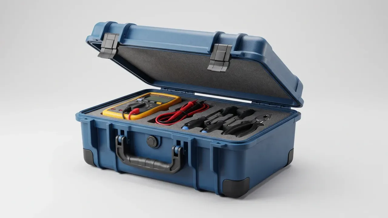 IP68 waterproof plastic case: blue molded case open on white, gray foam holding a yellow multimeter, red and black leads, black pliers, two latches.