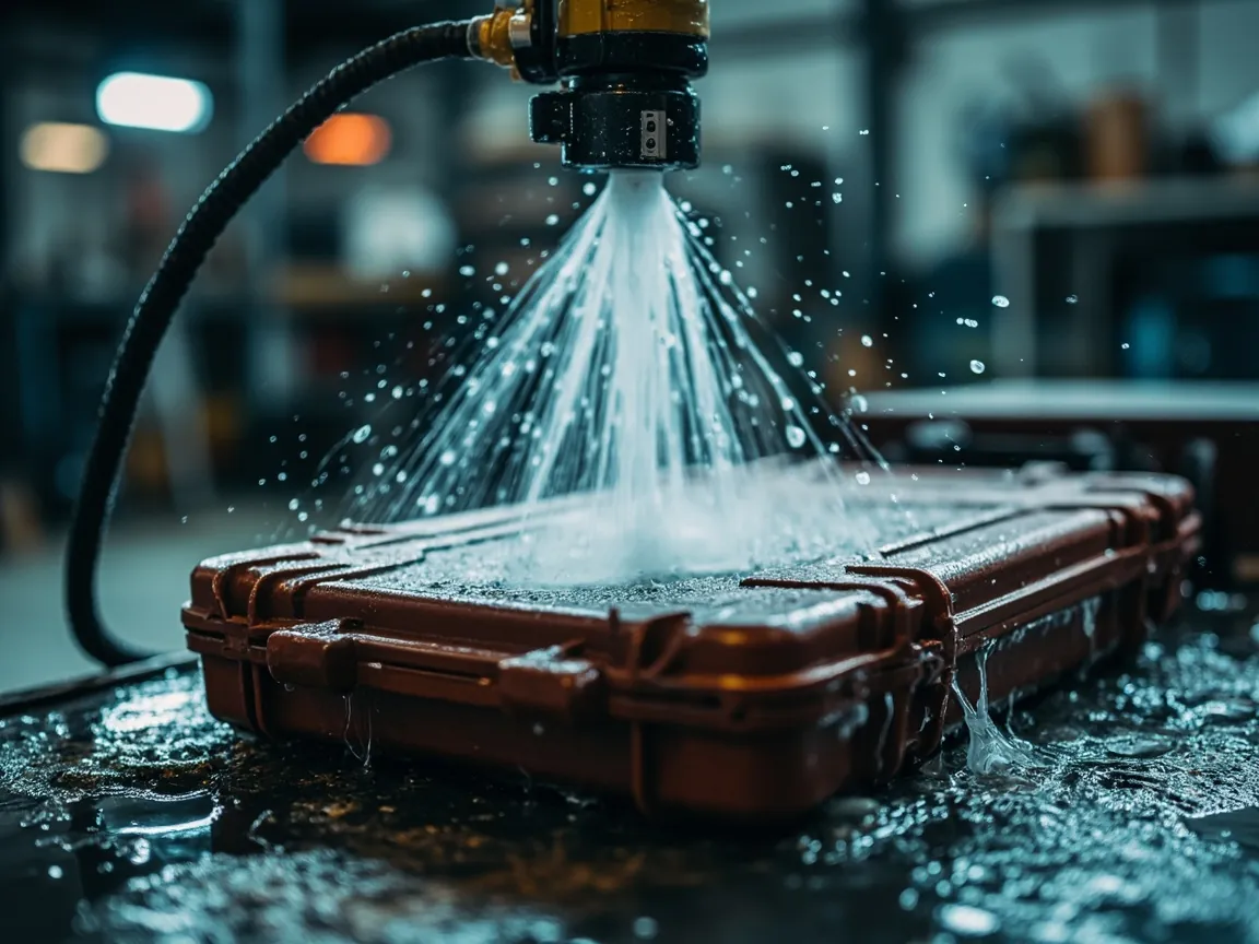 Test Conditions for High-Pressure Hot-Water Jets on Protective Cases - real application scene