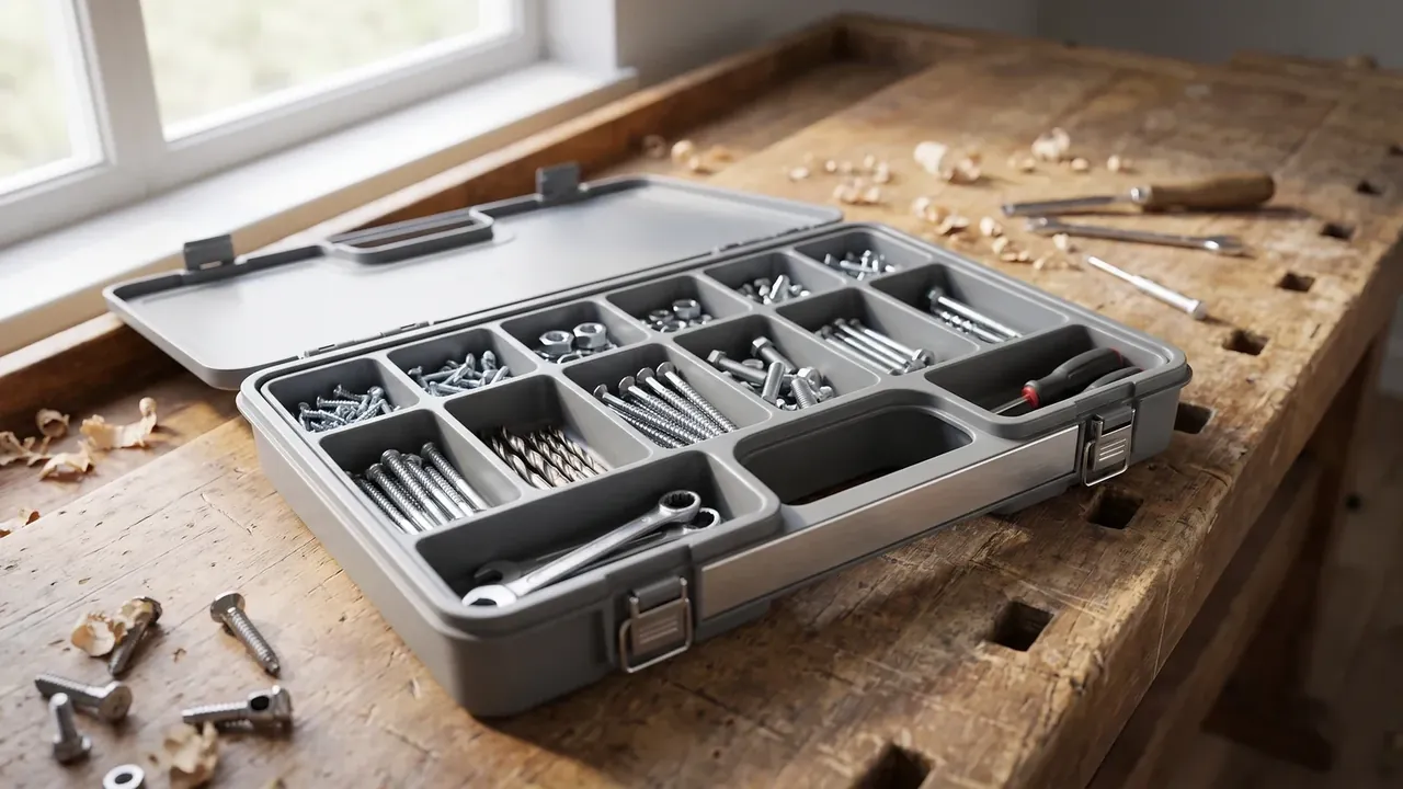 Kids Tool Box: grey case open on a wooden bench, a dozen compartments holding screws, bolts, drill bits and a wrench, wood shavings beside it