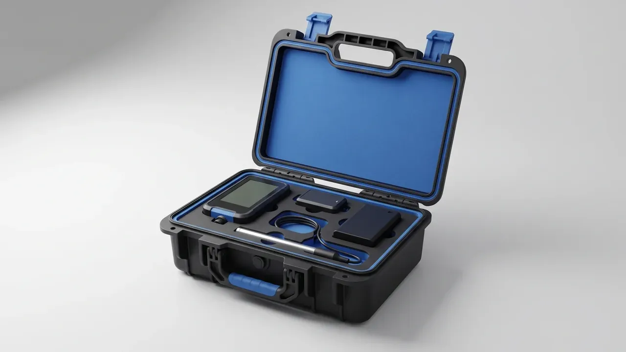 Plastic products factory: black case open upright, blue lining in the lid, black foam holding a screened meter, two modules and a metal rod