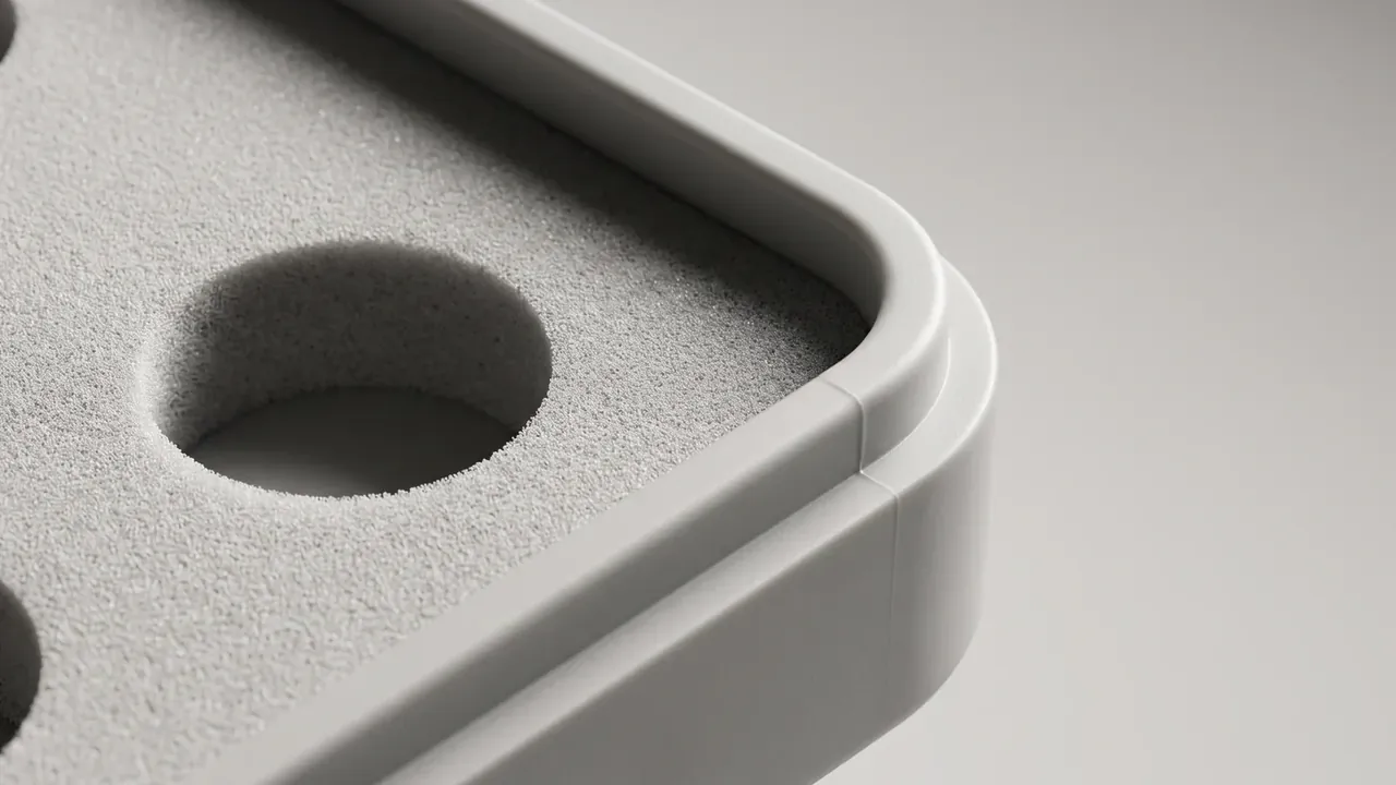 Plastic products factory: corner close-up in white, pale grey foam cut with a round counterbore and a groove, bead texture visible along the rim