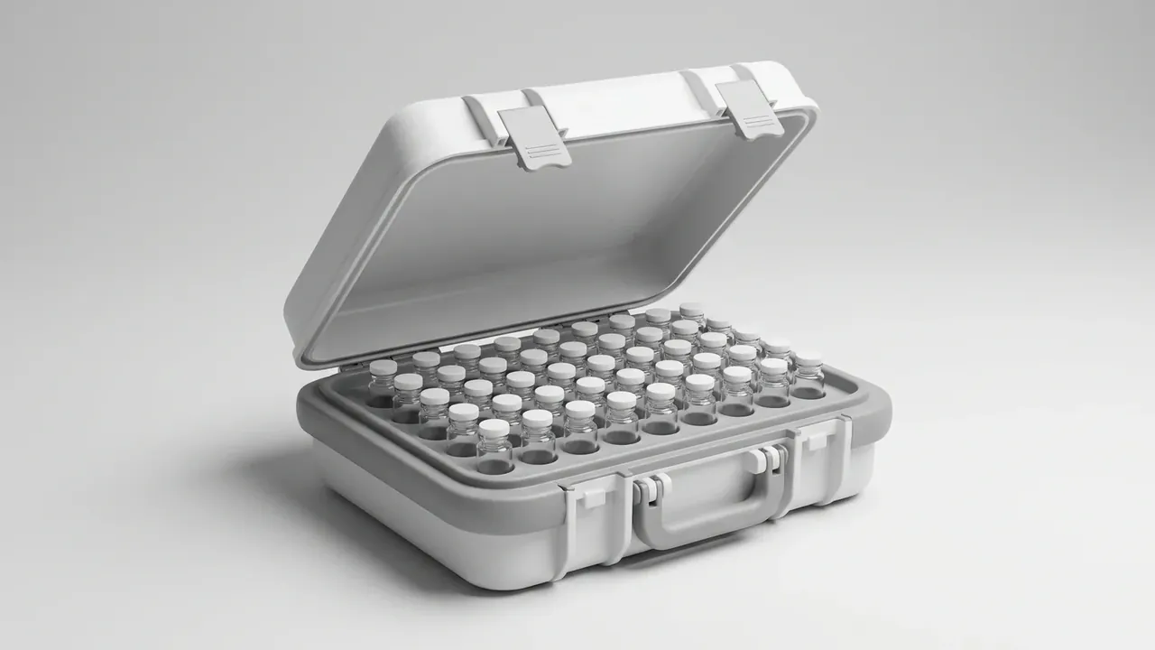 Custom plastic box factory sample: light grey case open, two white latches raised in the lid, a perforated tray of glass vials, moulded front handle
