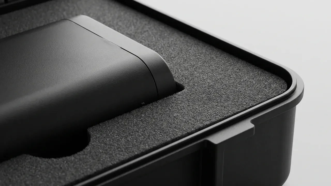 Custom plastic box factory detail: black case corner close-up, rim flange over a seal groove, black foam cut-out holding one rounded part, ribs outside