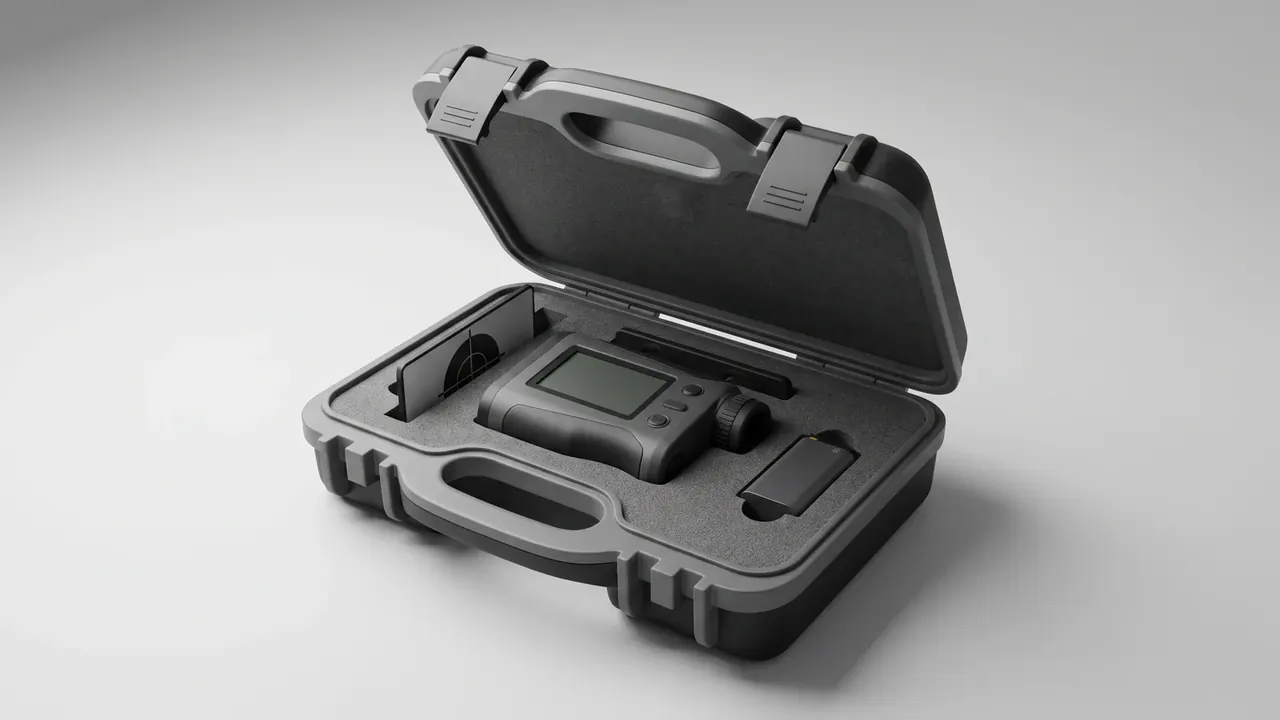 PP grade for plastic boxes: light grey case open, two white latches raised in the lid, a perforated tray of glass vials, moulded front handle