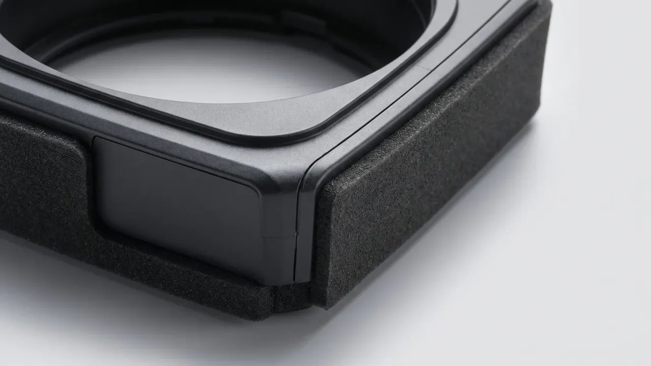 PP grade for plastic boxes: black case corner close-up, rim flange over a seal groove, black foam cut-out with one rounded part, ribs outside