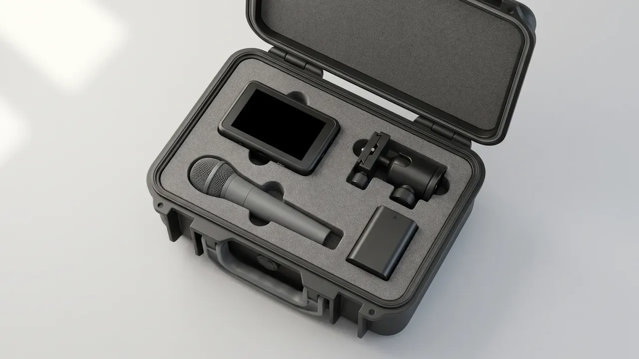 PP grades for plastic cases: dark grey case open flat, grey foam cut-outs holding a microphone and a monitor, black pad in the lid