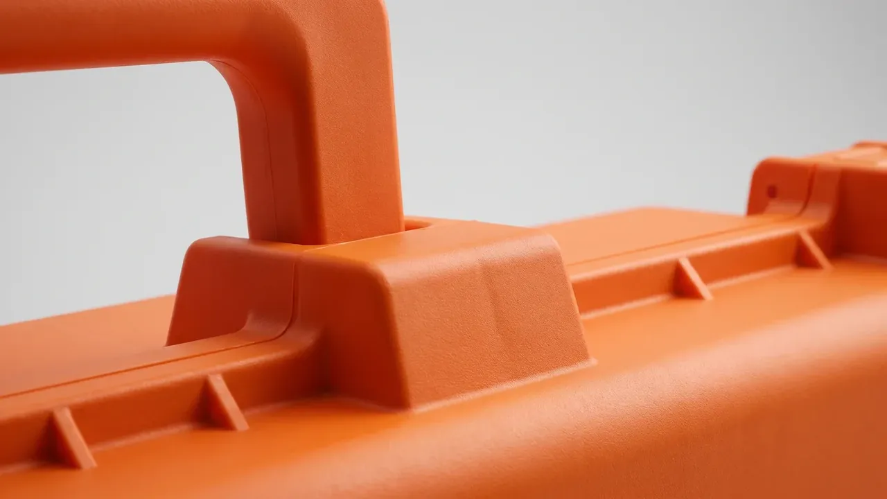 PP grades for plastic cases: orange case corner in close-up, moulded handle with ribs at its root, straight lid joint, latch on the right