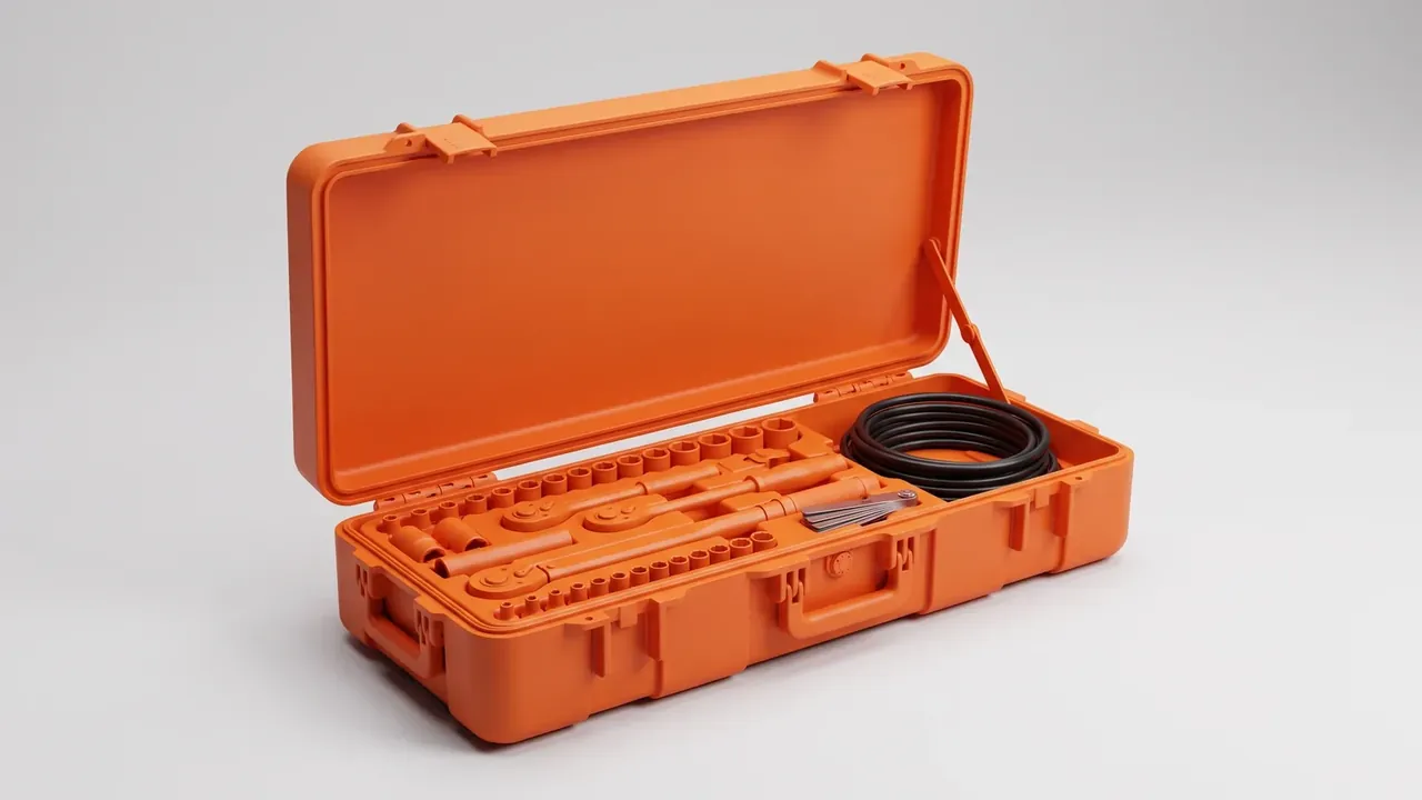 Plastic case price: orange long case open flat, moulded orange tray with rows of round pockets, coiled black cable at the right end, three latches