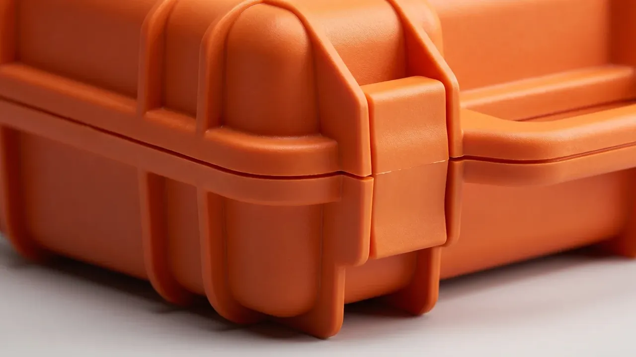 Plastic case price: orange corner in close-up, one orange latch at the lid joint, ring-shaped and vertical ribs on the corner, pale background