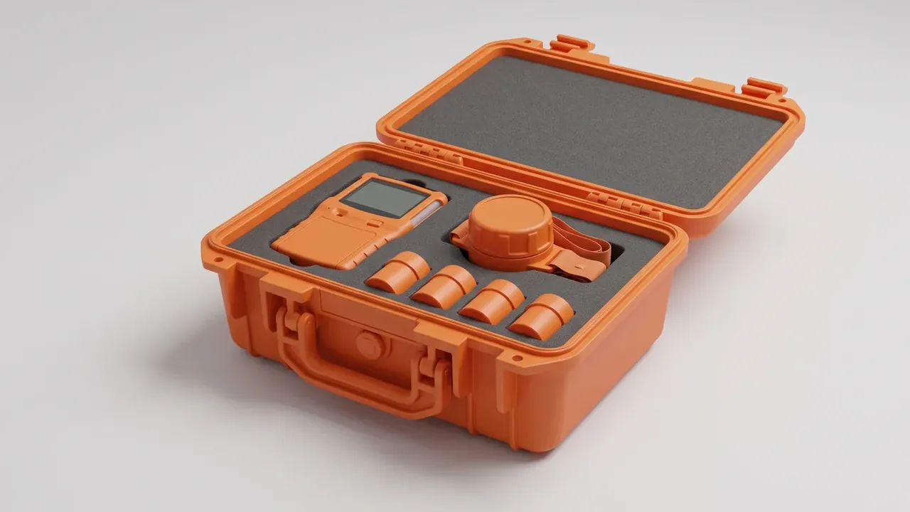 Custom plastic case: orange open case, foam cut for a handset, a round cap and five barrel parts, two front latches, orange handle