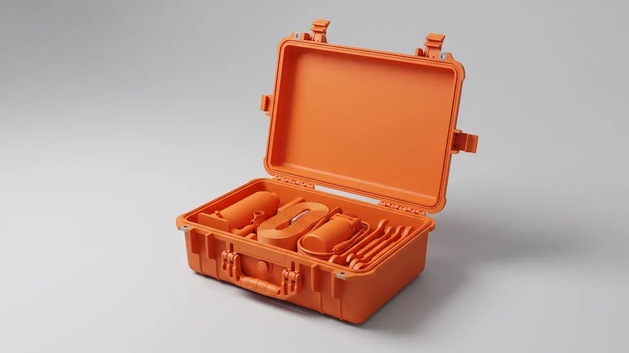 Custom plastic box: orange box open and empty, ribbed lid interior, moulded dividers in the base, two front latches and one side latch, centred handle