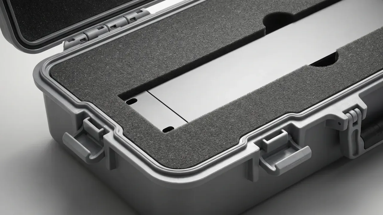 Custom plastic box: grey box open close up, black foam insert with a long cut-out exposing a silver panel, latch bodies, metal hinge pins