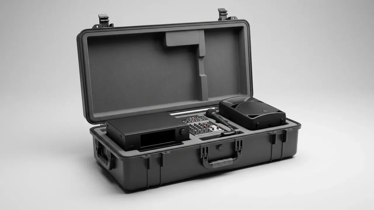OEM plastic case: black case open on grey, foam cut-outs holding an audio mixer, microphone and speaker, square pad in the lid