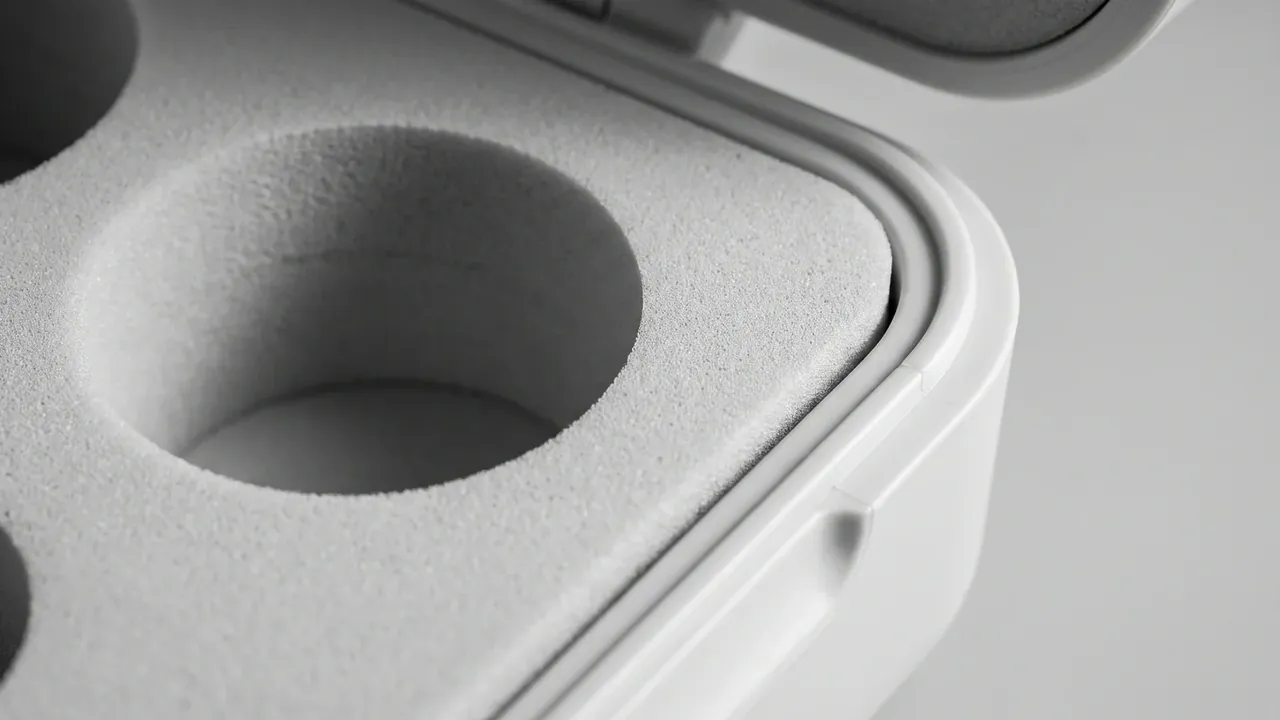 OEM plastic case: close view of a white corner, white foam with fine cells and several round cut-outs, seal groove along the rim