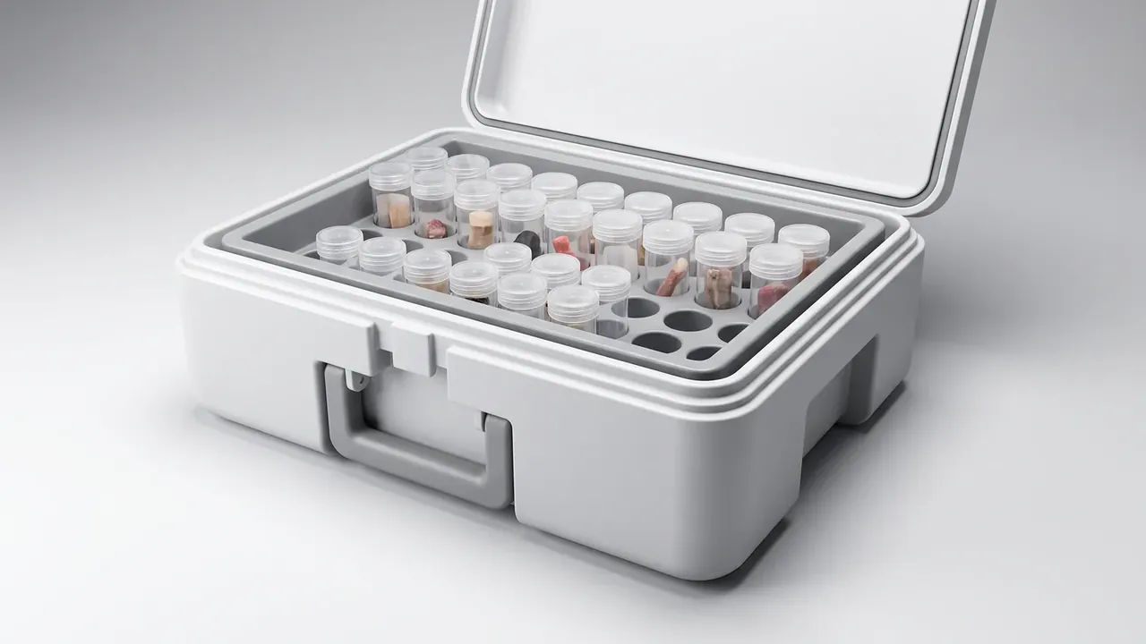 Custom plastic case and box: pale grey shallow box open, perforated rack holding clear vials with white caps, grey front handle and one latch