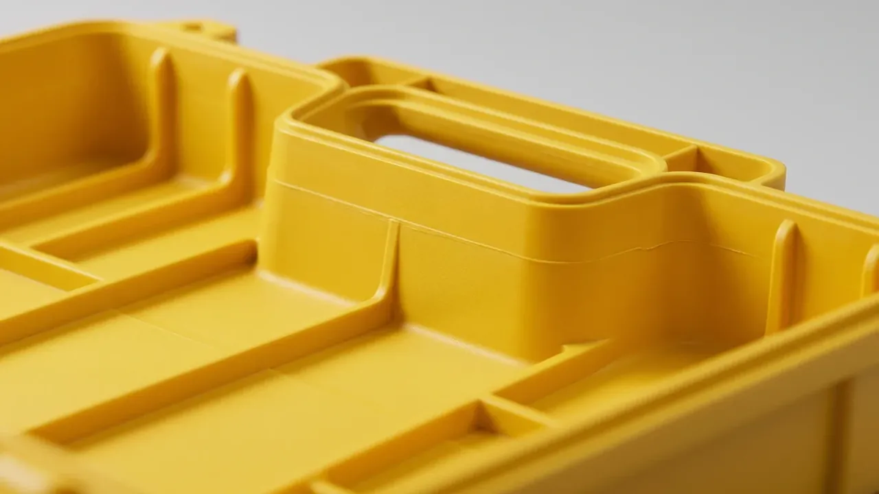 Custom plastic case and box: close view inside a yellow crate, vertical ribs and floor dividers, rectangular side opening, gate mark