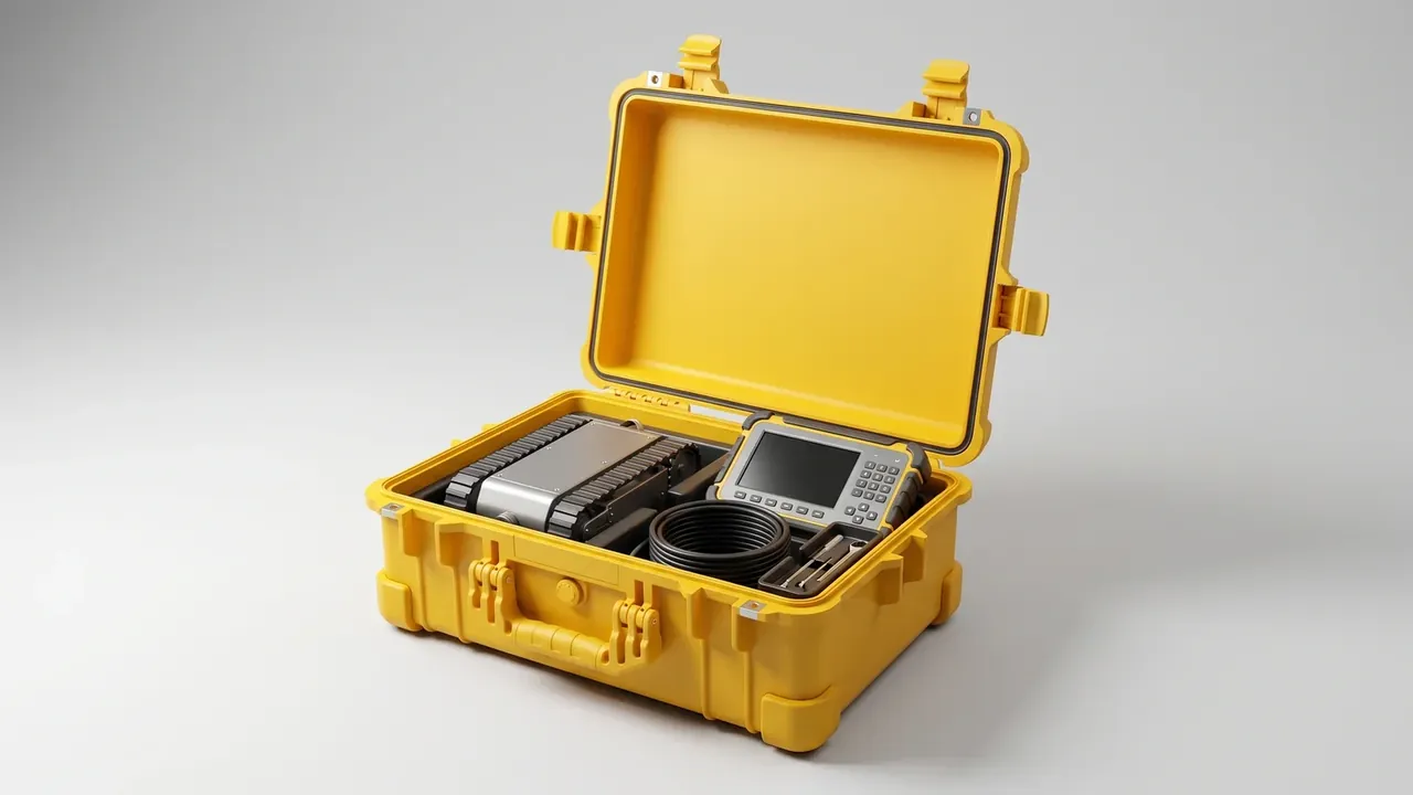 Custom tool box in yellow, lid upright, black gasket in the rim, grey foam holding two instruments and a coiled cable