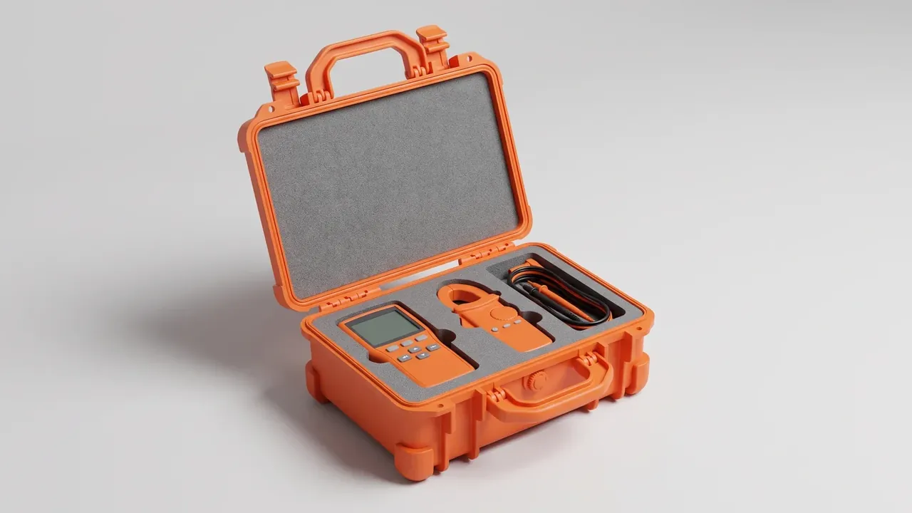 Custom tool case in orange, lid upright, grey foam cut for a meter and cable, black gasket on the rim