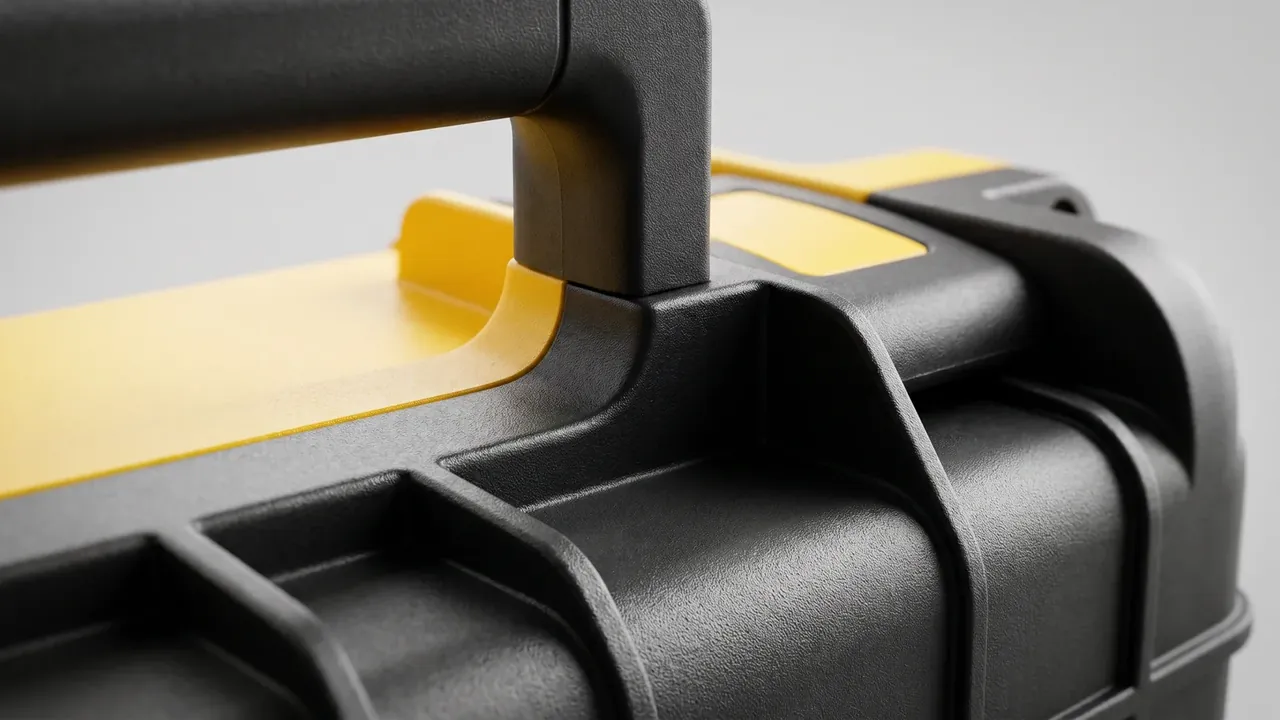 Custom tool case in black, close on the yellow lid and folding handle, corner ribs and grain texture