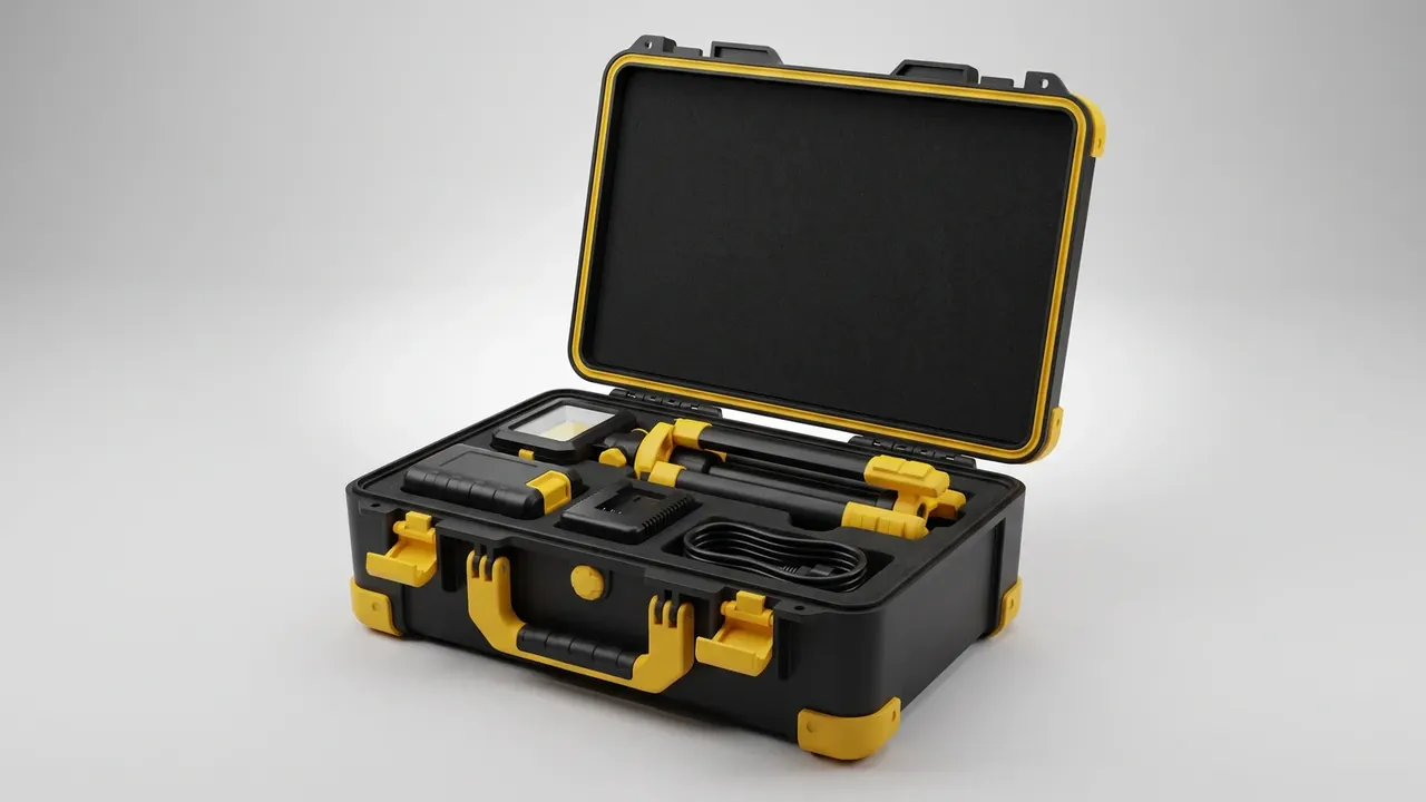 Custom protective case: black shell open on pale grey, yellow trim and four latches, round relief valve on the front face, foam holding an instrument