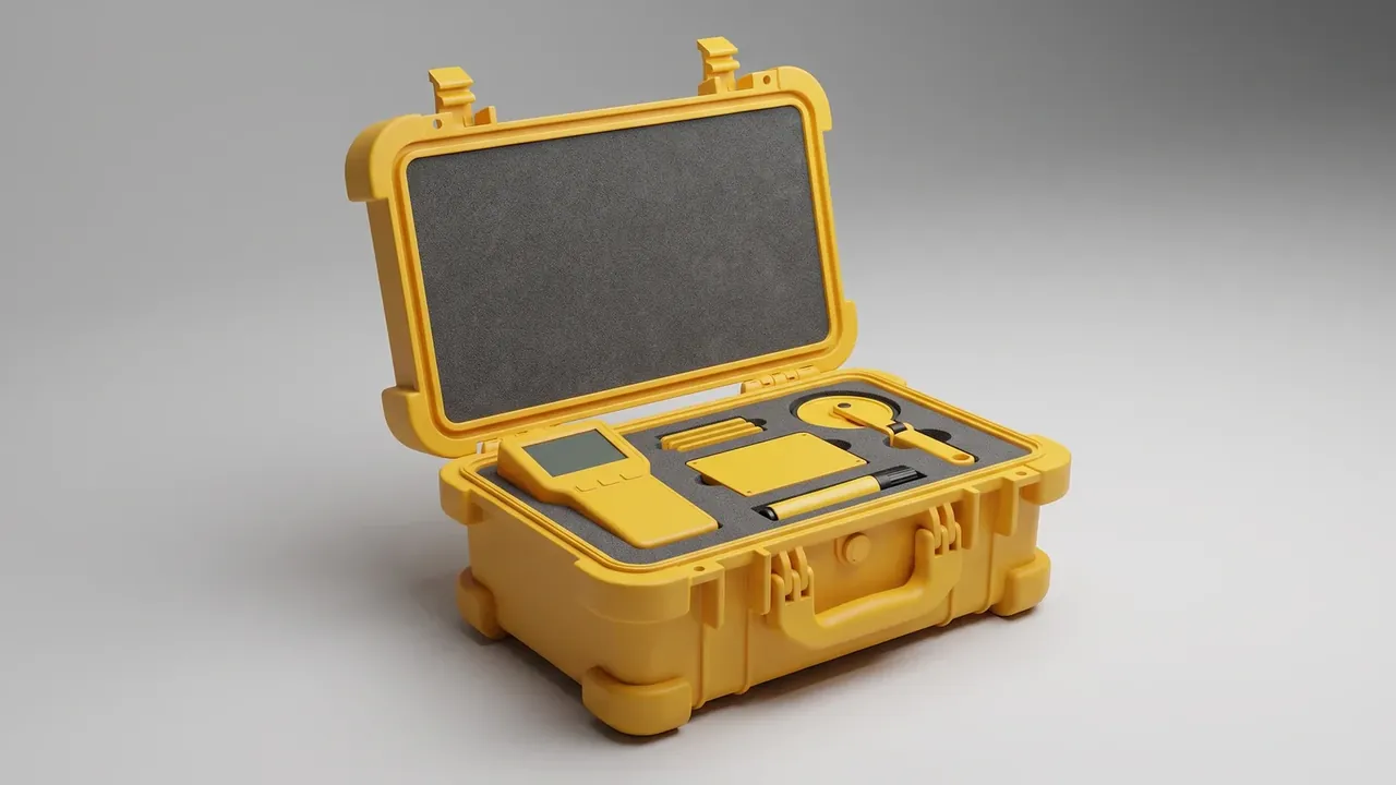 Wheeled trolley case: yellow case open and upright, grey foam sheet in the lid, two latches standing on top, folding handle, rounded corner feet