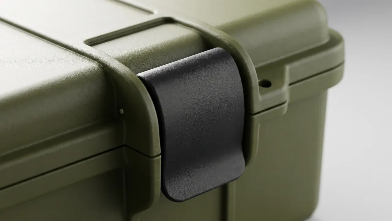 Wheeled trolley case: olive green case side close-up, a black rubber strap through a recess held by green mouldings, fine matte texture