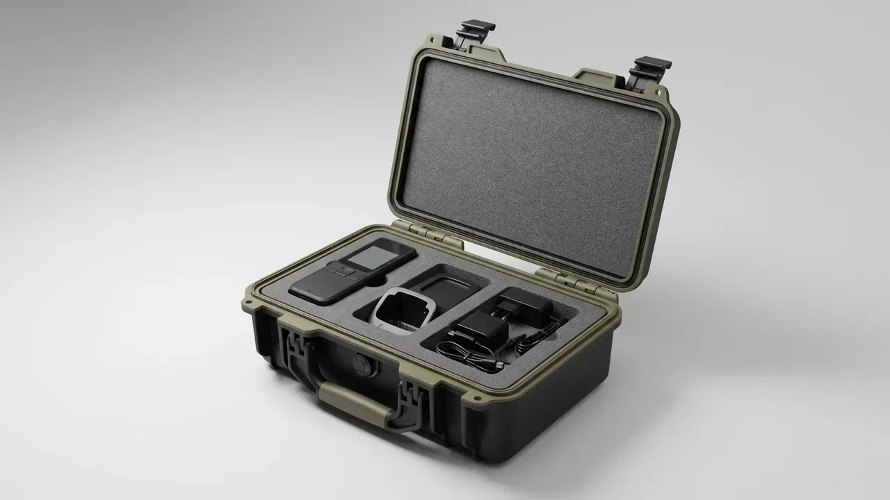 Outdoor portable case: black body, olive-green lid frame standing open, grey foam cut for a handheld terminal, a square device and a coiled lead