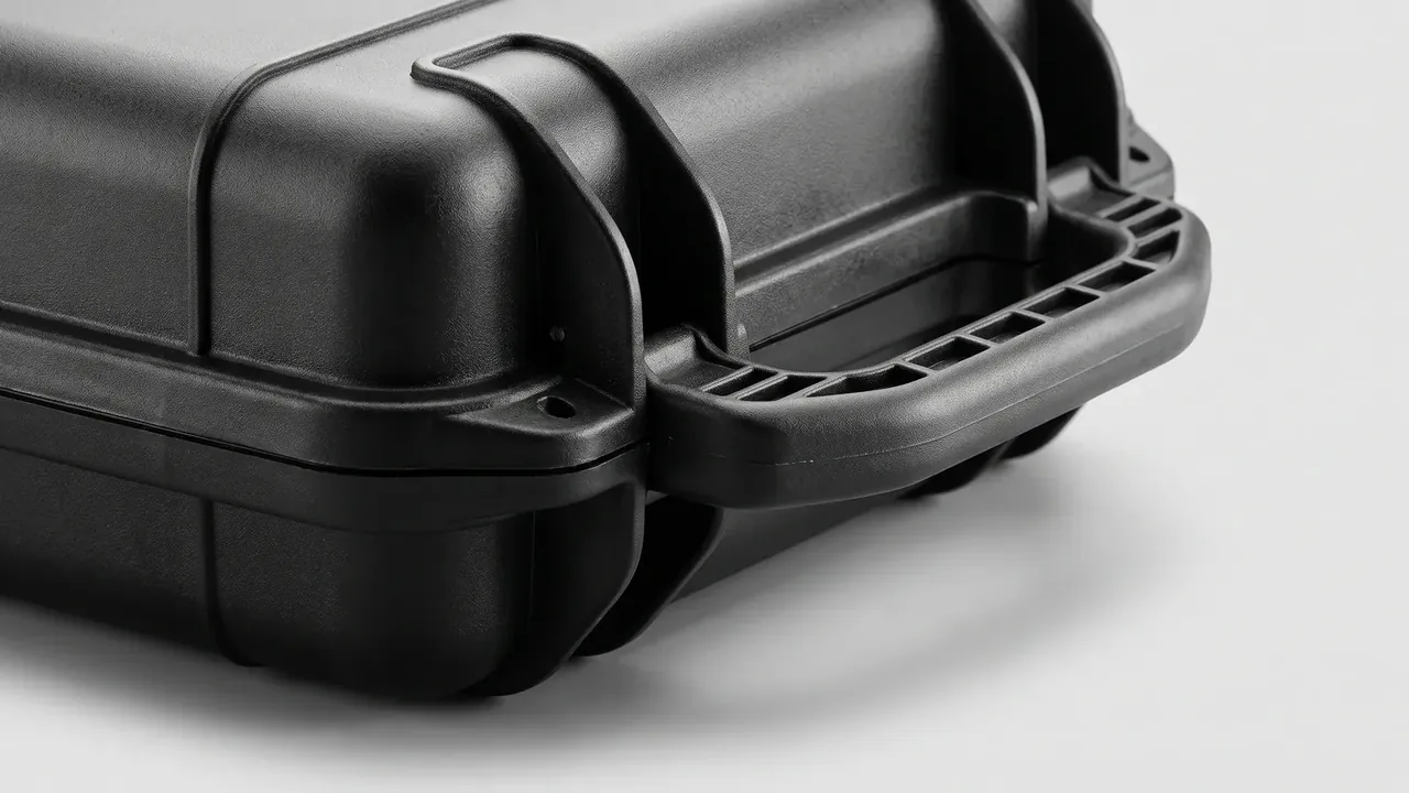 Portable tool box: close-up of a black corner and ribbed moulded handle, rounded wall, two wheels at the lower right, fine grain texture