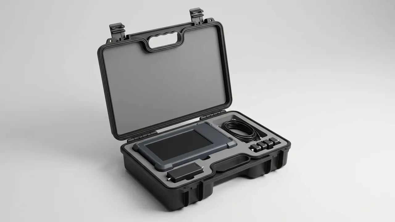 Portable outdoor case opened on grey, foam holding a dark screen panel, a coiled cable in the right cavity and a lid cut-out