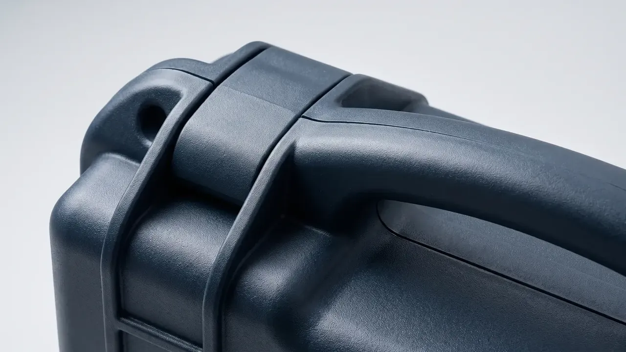 Portable outdoor case corner in black, close view of the raised rib where lid meets body beside a textured latch seat on a white background