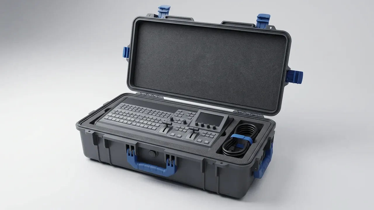 Portable plastic case in dark grey, five blue latches and a blue handle, foam holding a keypad panel and a coiled cable