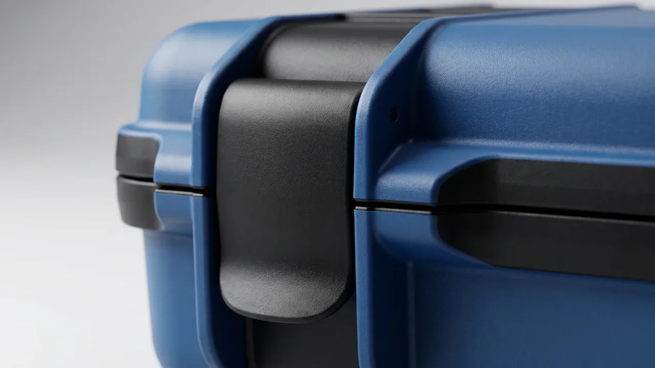 Portable plastic case corner in blue, black over-moulded guard covering the lid seam, fine pebble texture and rounded edges