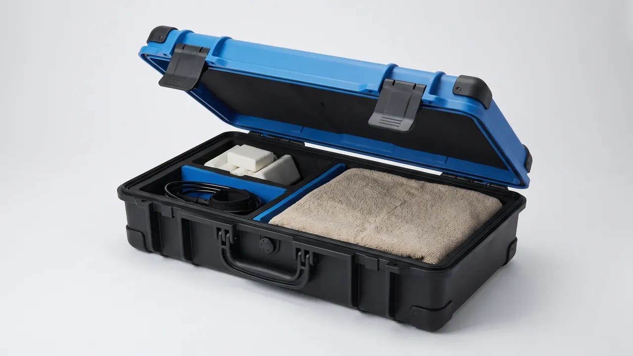 Portable protective case: blue lid over black body, blue divider splitting two bays, white foam block and coiled cable left, grey cloth right