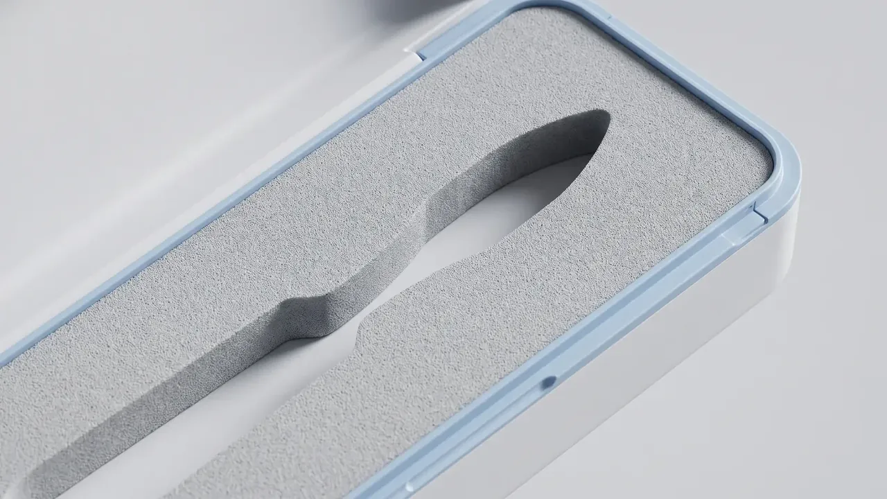Portable protective case: pale blue rim and white shell corner, grey foam with two curved cut-outs, a thin blue sealing edge along the frame