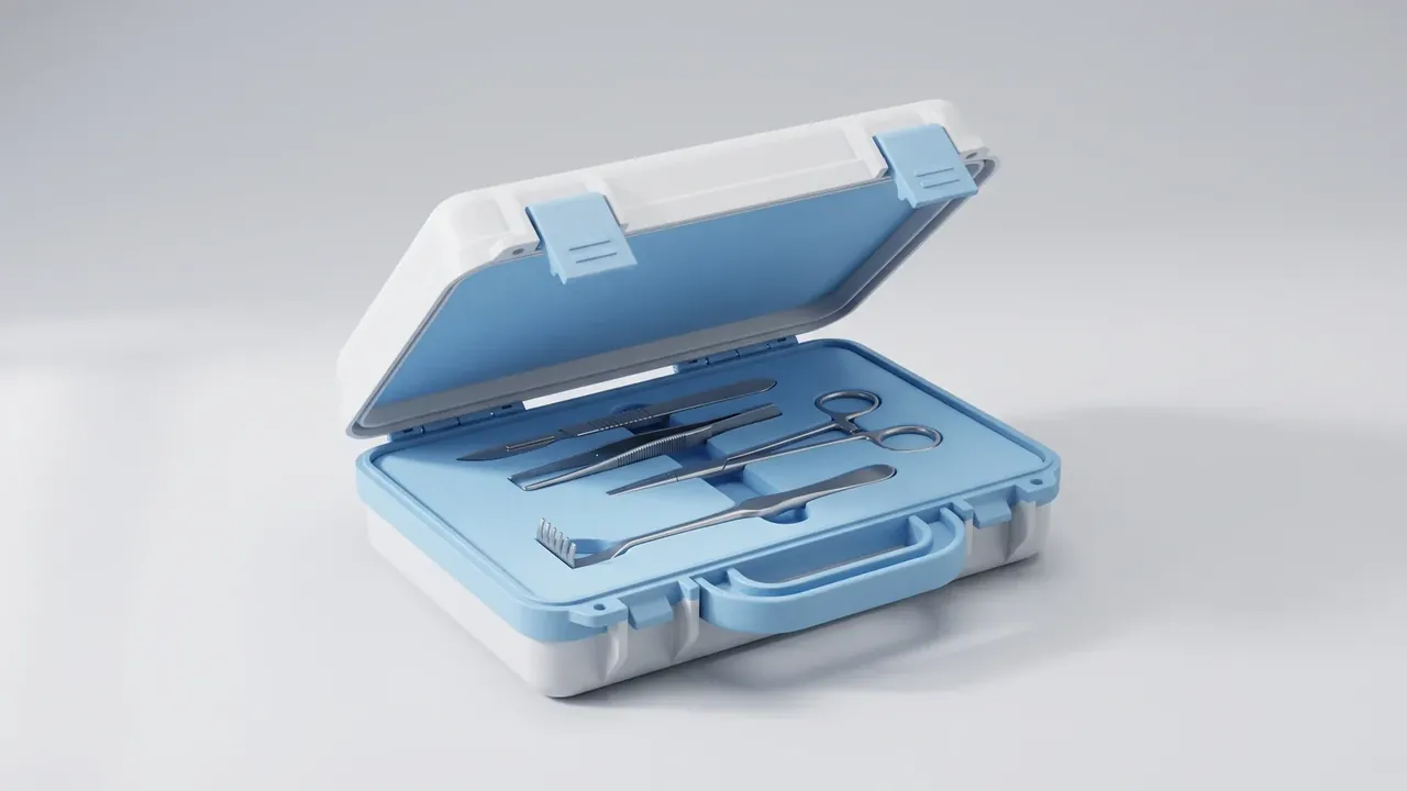 Portable tool case: white shell with pale blue liner open, blue slots holding scissor-like, tweezer-like and probe-like steel tools, two blue latches