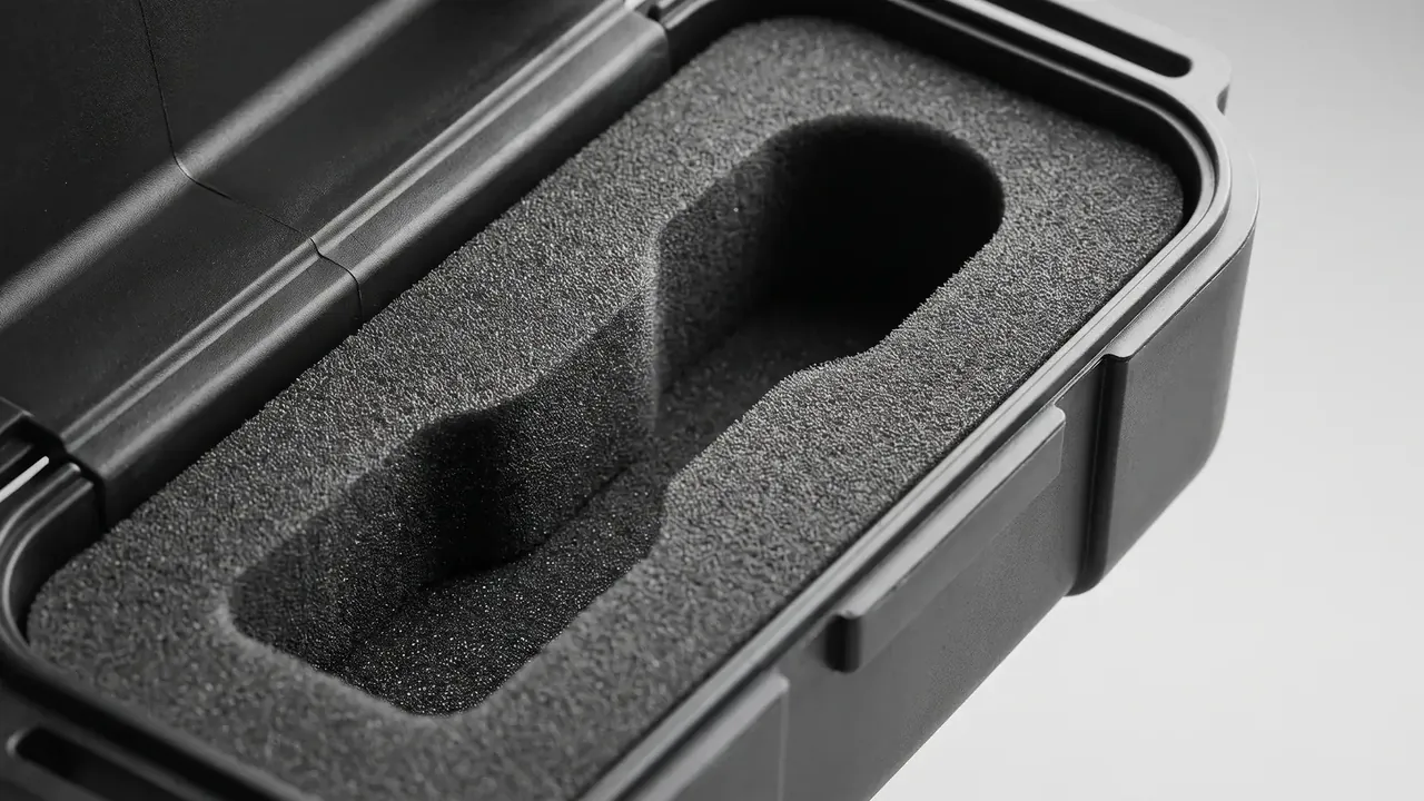 Portable tool case: black foam inside a black shell, two curved pockets cut deep, vertical pocket walls, metal hinge at the right edge