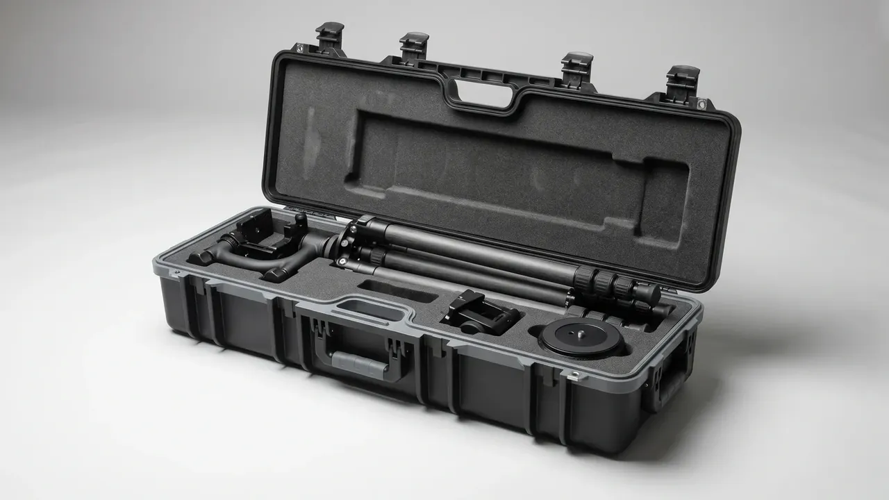 Portable travel case: black shell open flat, egg-crate foam in the lid, custom foam cut-outs in the base, four black latches along the rim