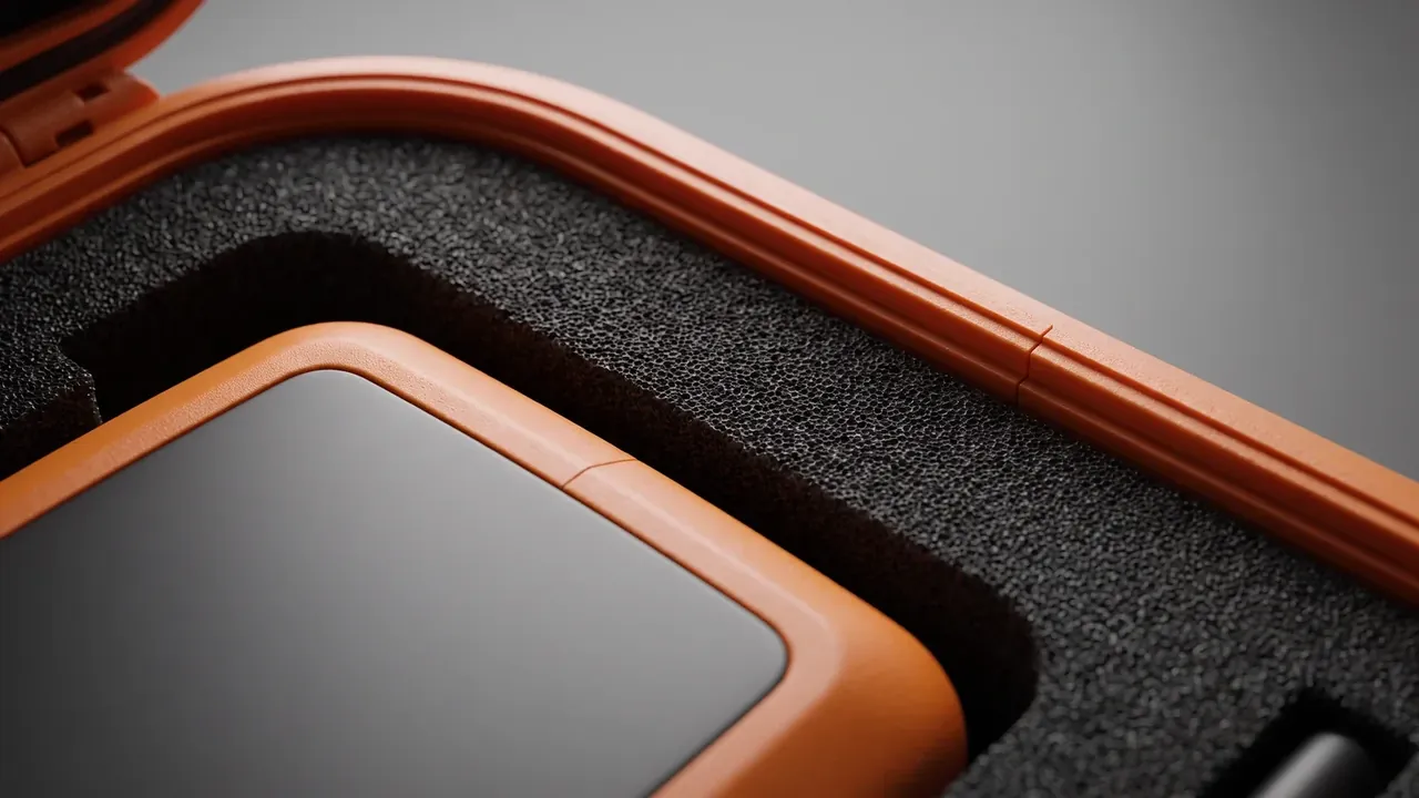 Portable PP case: close view of the orange lid rim, black foam seated inside the frame, mould parting line visible on the orange edge