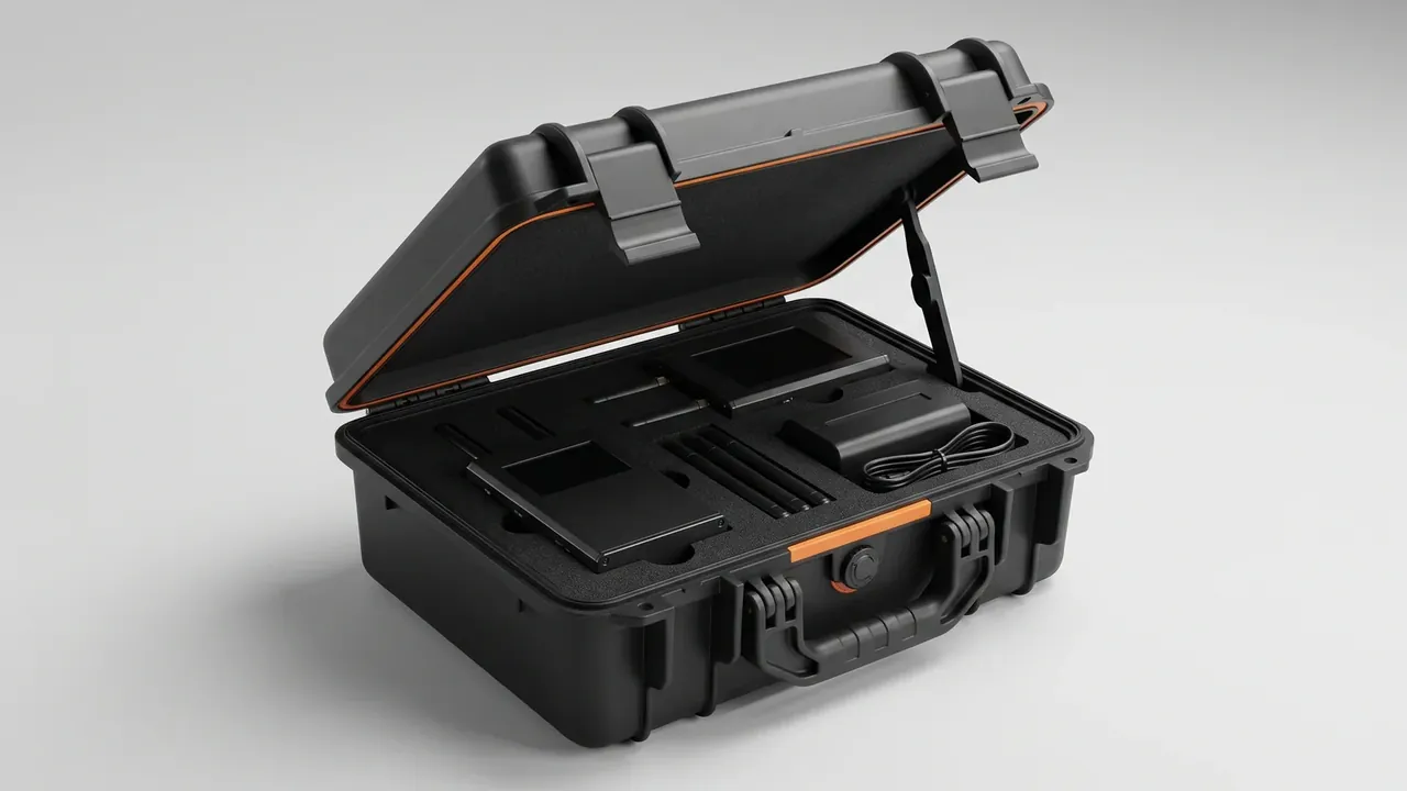 Portable instrument case: black hard shell open on a grey backdrop, orange gasket on the lid rim, foam cutouts holding a tablet and a cable