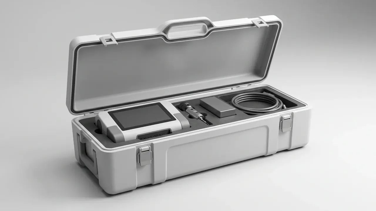 Portable instrument case: light grey long case open and flat, foam cutouts holding a screen meter, a probe and a coiled cable, two latches released
