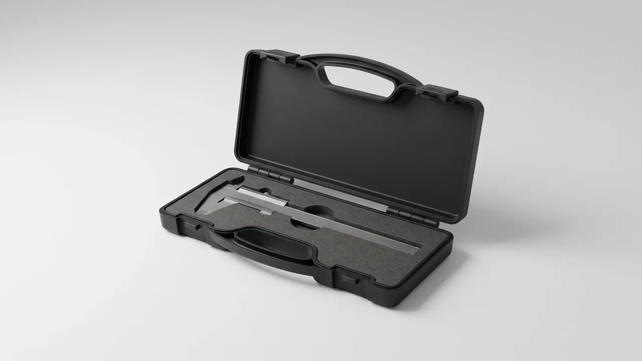 Portable box: flat black carry case open at an angle, cut-out handle in the lid, grey foam with one long slot holding a metal rule