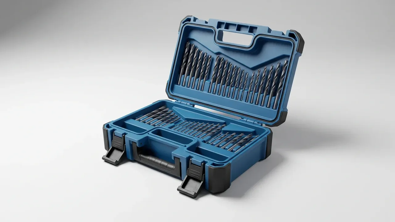 Portable box: blue plastic case open on a pale grey backdrop, rows of drill bits in both halves, two black flip latches turned out
