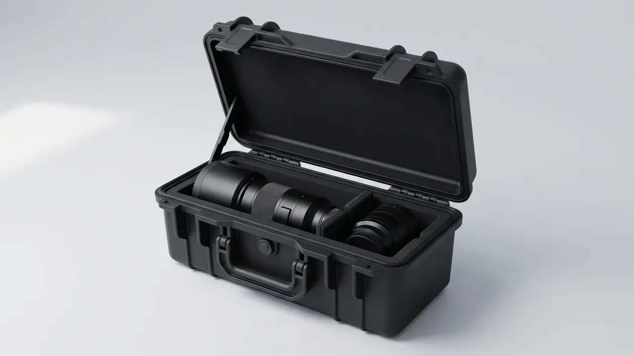 Portable protective box: black moulded case open on pale grey, grey lid lining, two dividers splitting the cavity into three bays, two lens barrels inside