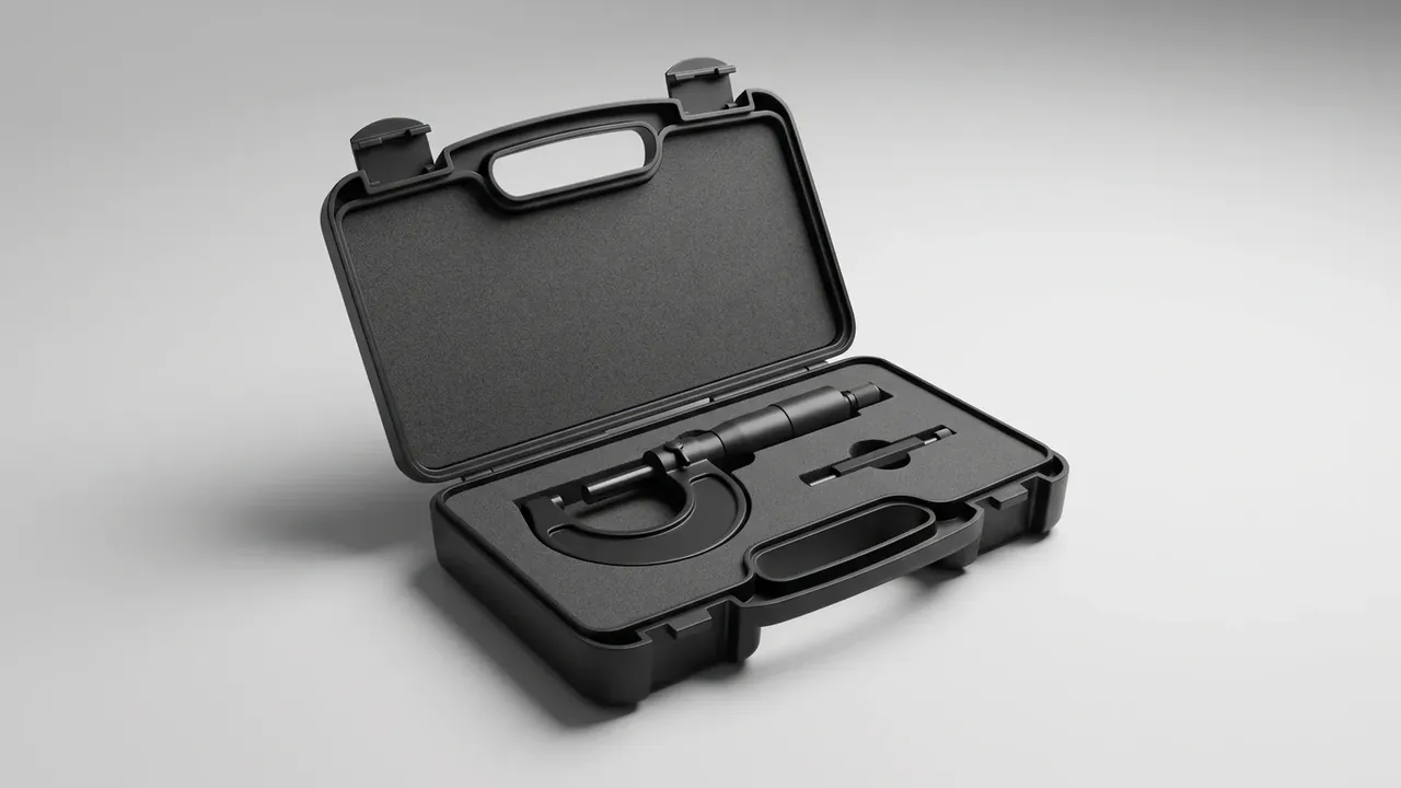 Portable protective box: slim black case open on pale grey, black foam lining the lid, a cylindrical gauge in a moulded recess, two front latches