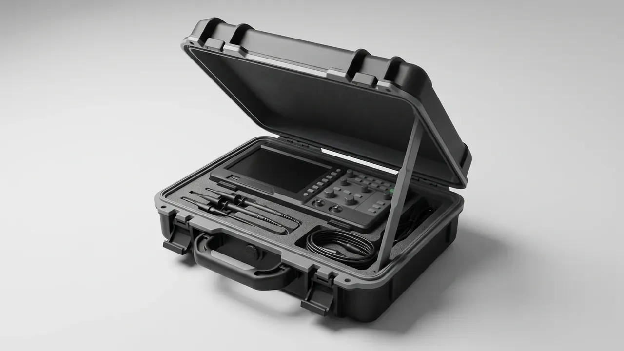Manual tool box: black case open, foam cut to shape holding a screen instrument, probes and a coiled cable in side bays, two latches