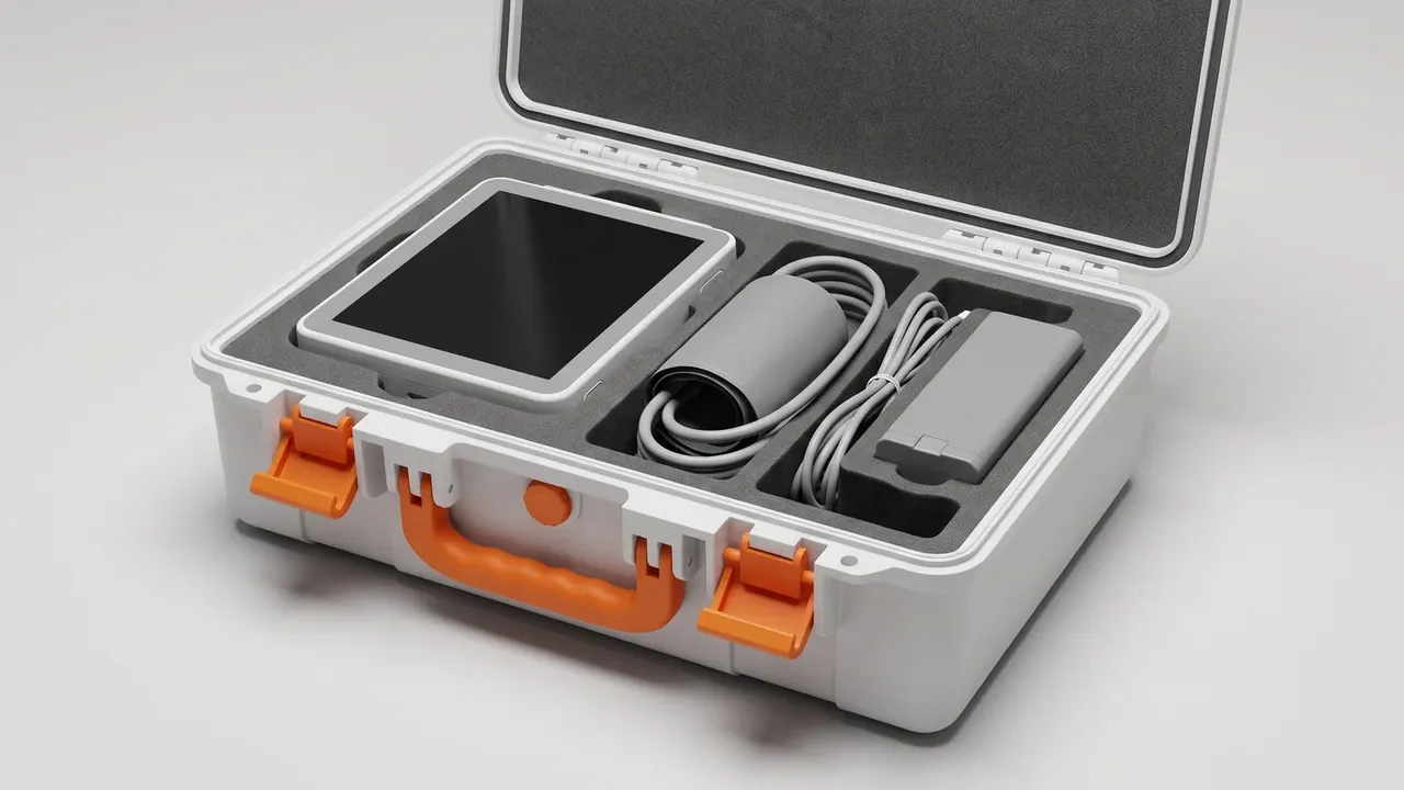Manual tool box: white case open, orange handle and two orange latches, dark foam holding a black screen module, a coiled cable and grey adapter