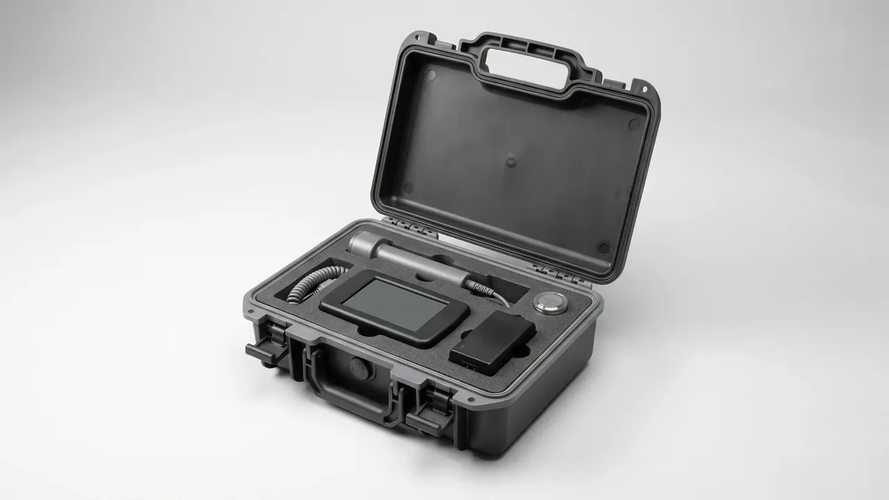 Manual tool case: black shell open, foam pad in the lid, base foam cut for a display, coiled cable, cylindrical handle, battery block, two latches