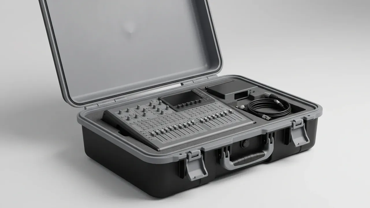 Manual tool case: dark grey shell open, pale lid empty, base foam cut to a mixer outline with faders showing, coiled cable beside, two latches