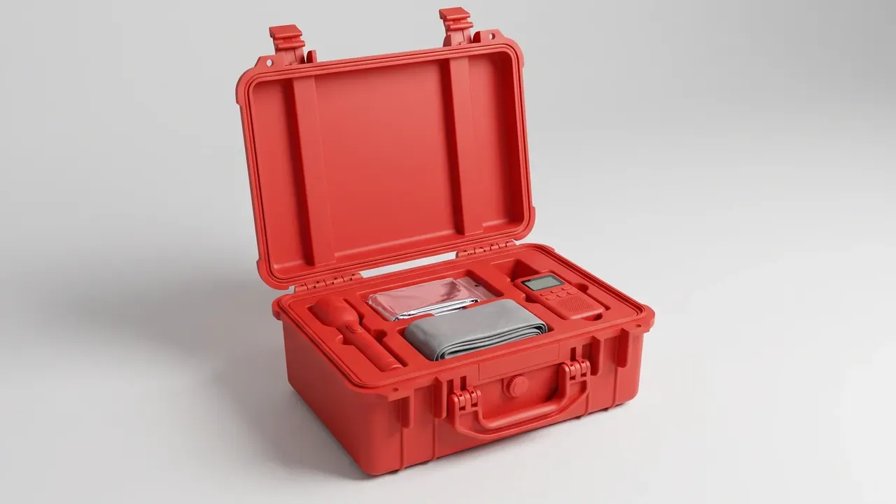 Battery case: red shell open, ribbed flat lid, foam cut-outs with a red-wrapped pack, folded grey sleeve, screen unit and cylinder, two front latches